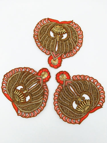 Embroidered Applique With Gold Zardozi Embroidery, Beads and Sequins, Blush Pink And Orange Appliqué Patch
